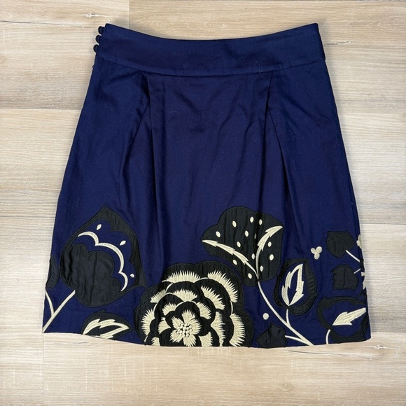 Anthropologie Floreat Navy Blue A-line Skirt with Floral Detail, Size 0 - Picture 2 of 6